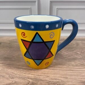 StoneLite Star of David Hanukkah Ceramic 10oz Coffee Tea Mug Blue Yellow White